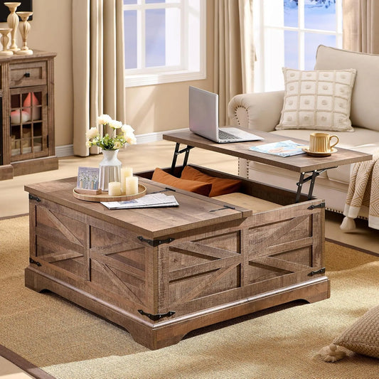 Farmhouse Lift Top Coffee Table with Storage, Wood Square Center Table