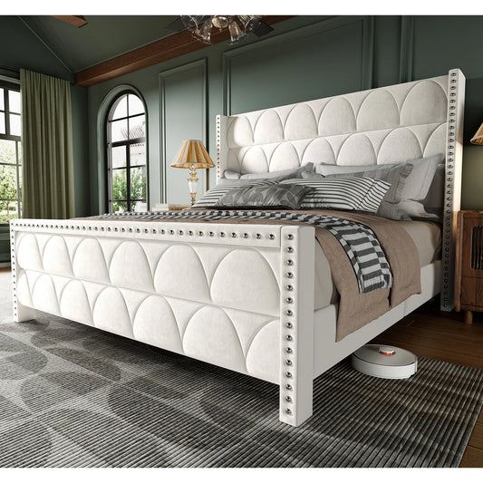 Hansabenne Solid Wood Bed Frame Queen and King Platform Bed Frame with Headboard White and Gray