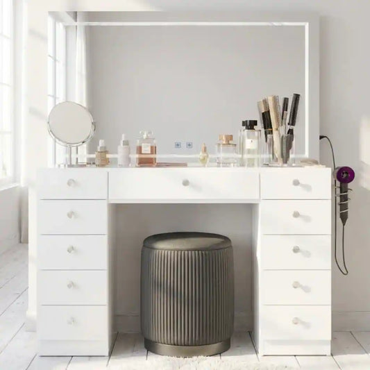 Makeup Vanity Desk W/ Free Black Storage Stool, Full-Width, Dimmable LED Mirror, Bluetooth, 11 Drawers