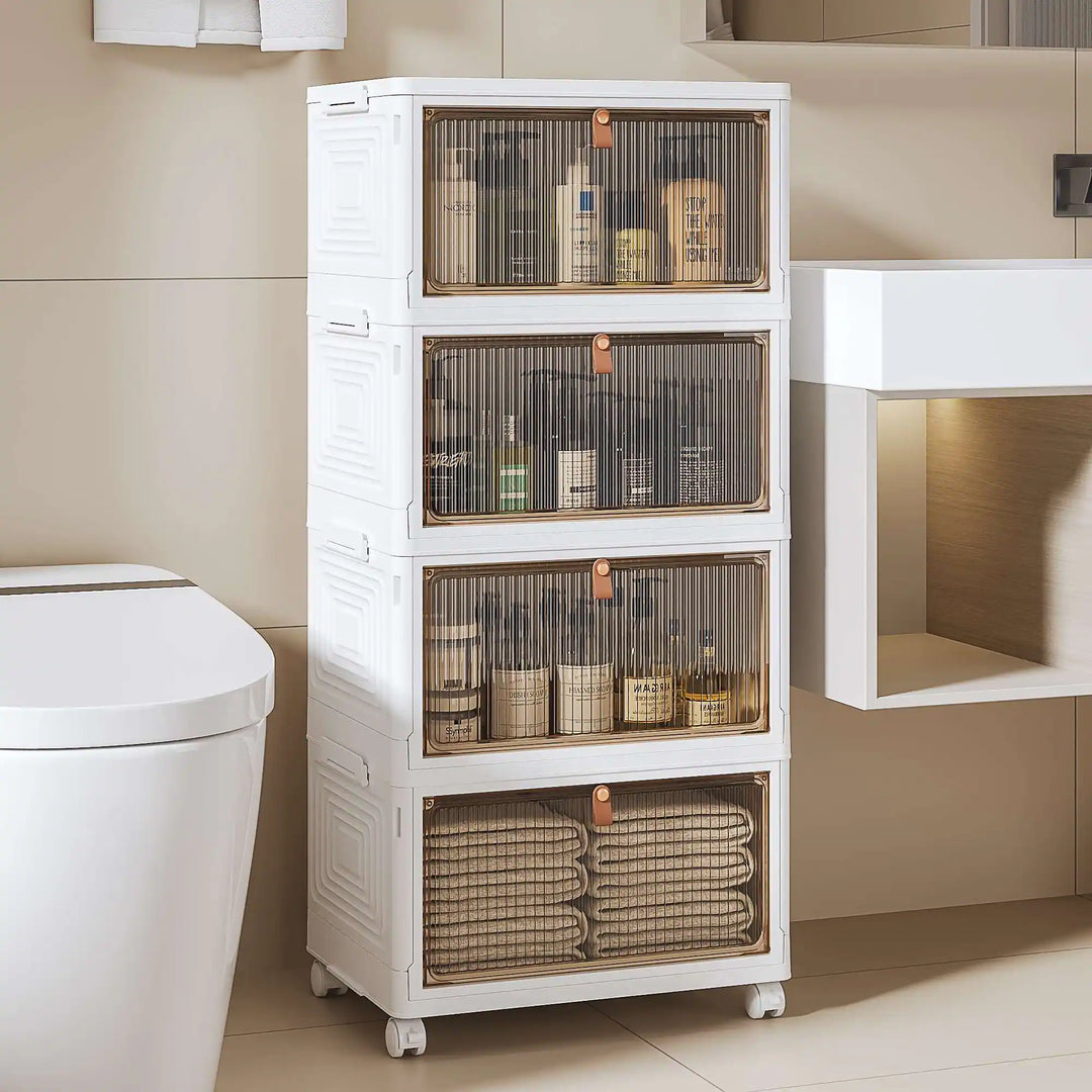 Javlergo 4 Tier Bathroom Storage Cabinet Storage Bins with Lid Stackable Storage Boxes Foldable Storage Organizers