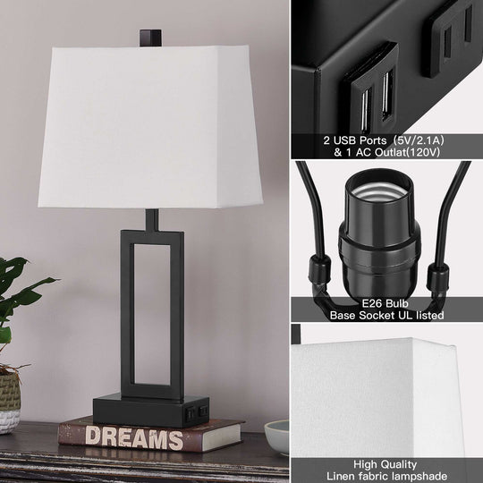 Set of 2 Black Touch Control Table Lamps with White Rectangular Shades, USB Ports & AC Outlet