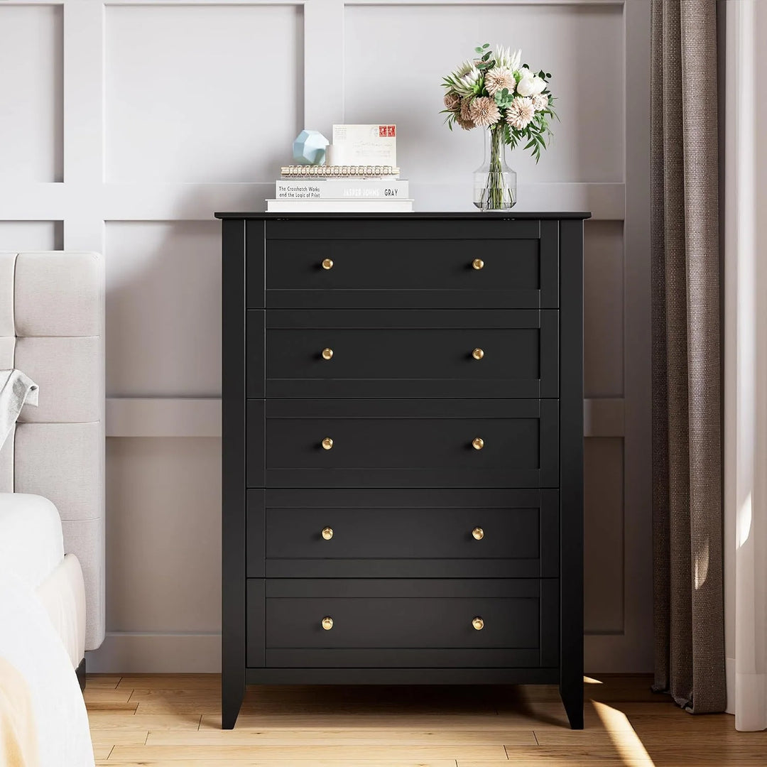 Modern Bedroom Nightstand with 5 Drawers & Metal Handles - Multifunctional Storage Cabinet,Easy Assembly for Living Room