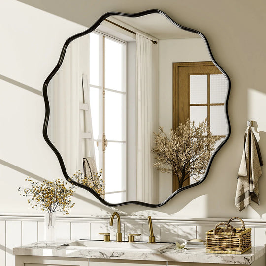 Round Wavy Bathroom Mirror Deep Frame Decorative Mirror Wall-Mounted