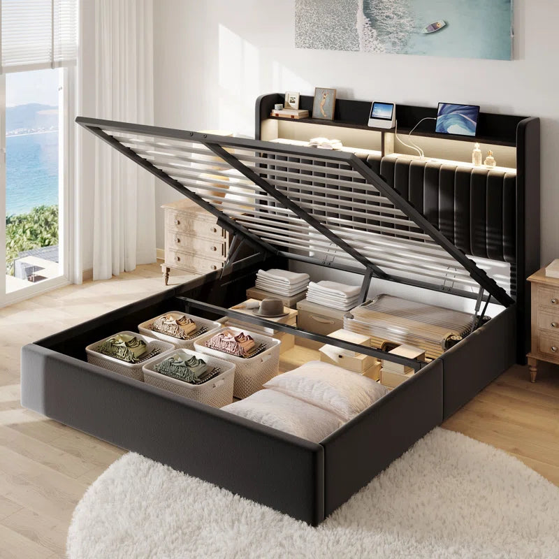 Hydraulic Lift up Storage Upholstered Platform Wingback LED Bed with 2-Tier Shelves and Charging Station