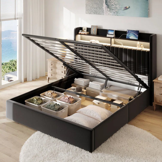 Hydraulic Lift up Storage Upholstered Platform Wingback LED Bed with 2-Tier Shelves and Charging Station