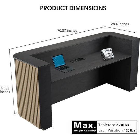 WESOME 70.87In Mid Century Curved Reception Desk with Cable Box LED Light