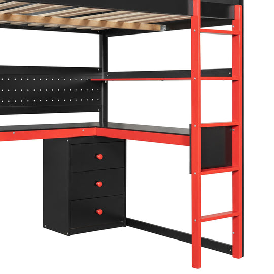 Full Size Wooden Gaming Loft Bed with Storage Stairs, Desk, Shelves and Pegboard