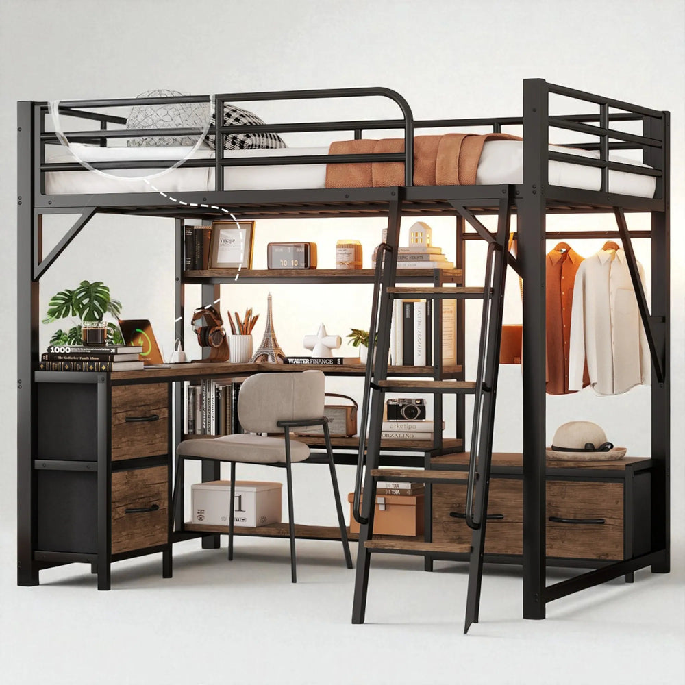 Full/Queen Size Metal Loft Bed with Desk, LED Lights, USB Ports, Shelves, Drawers, and Wardrobe, Black
