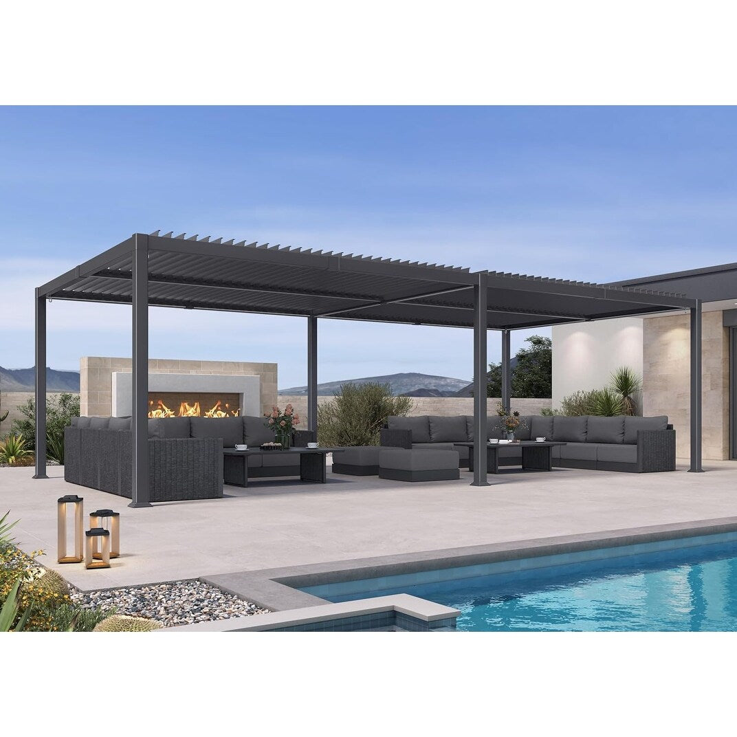 Solar Louvered Pergola with LED String Lights Aluminum Outdoor Pergola with Adjustable Roof for Patio Garden