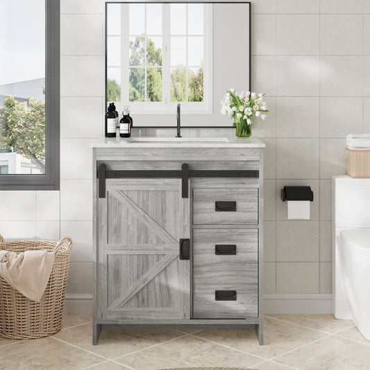 Farmhouse Bathroom Vanity with Ceramic Top and Sliding Barn Door Sink Cabinet, Rustic Single Sink Vanity