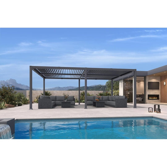 Solar Louvered Pergola with LED String Lights Aluminum Outdoor Pergola with Adjustable Roof for Patio Garden