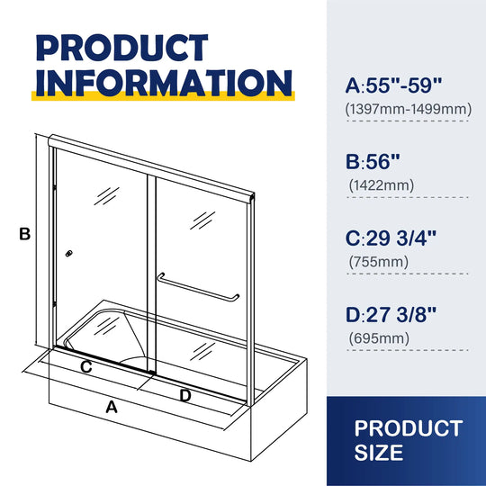 55-59" W X 56" H Bath Tub Semi-Frameless Sliding Shower Door