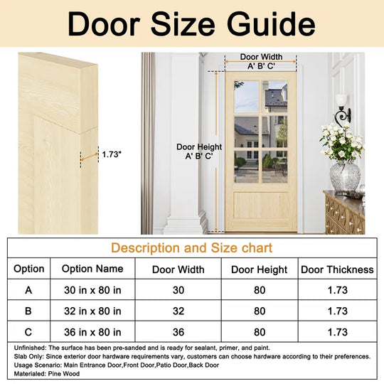 80 Inch Pine Wood Front Door Slab with 6 Lite Clear Double Glazed Glass Slab Only