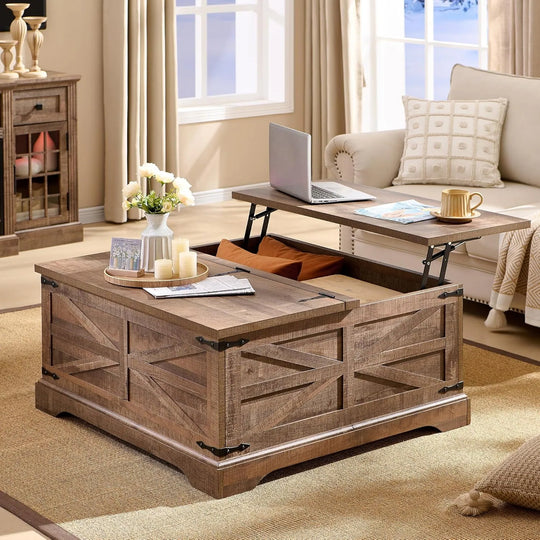 Farmhouse Lift Top Coffee Table with Storage, Wood Square Center Table