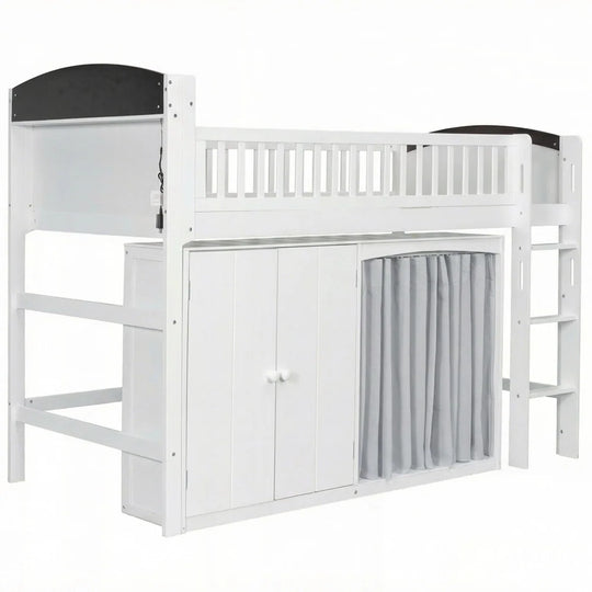 Loft Bed with Storage Cabinet and LED