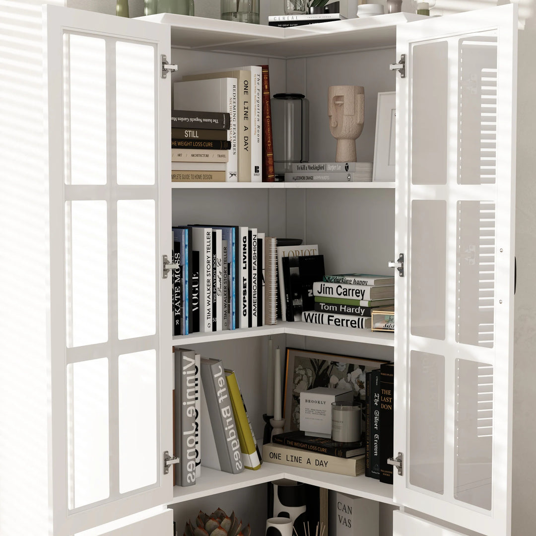 78.7"H Combo Buffet Sideboard White Curio Bookcase Cabinet Glass Door