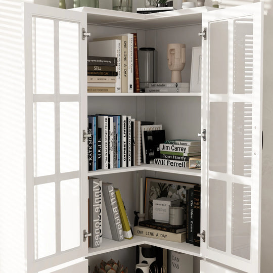 78.7"H Combo Buffet Sideboard White Curio Bookcase Cabinet Glass Door