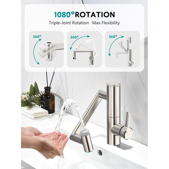 Rotatable Single Hole Bathroom Sink Faucet with Built-In Filter, Temperature Display in Fahrenheit, 2 Water Modes