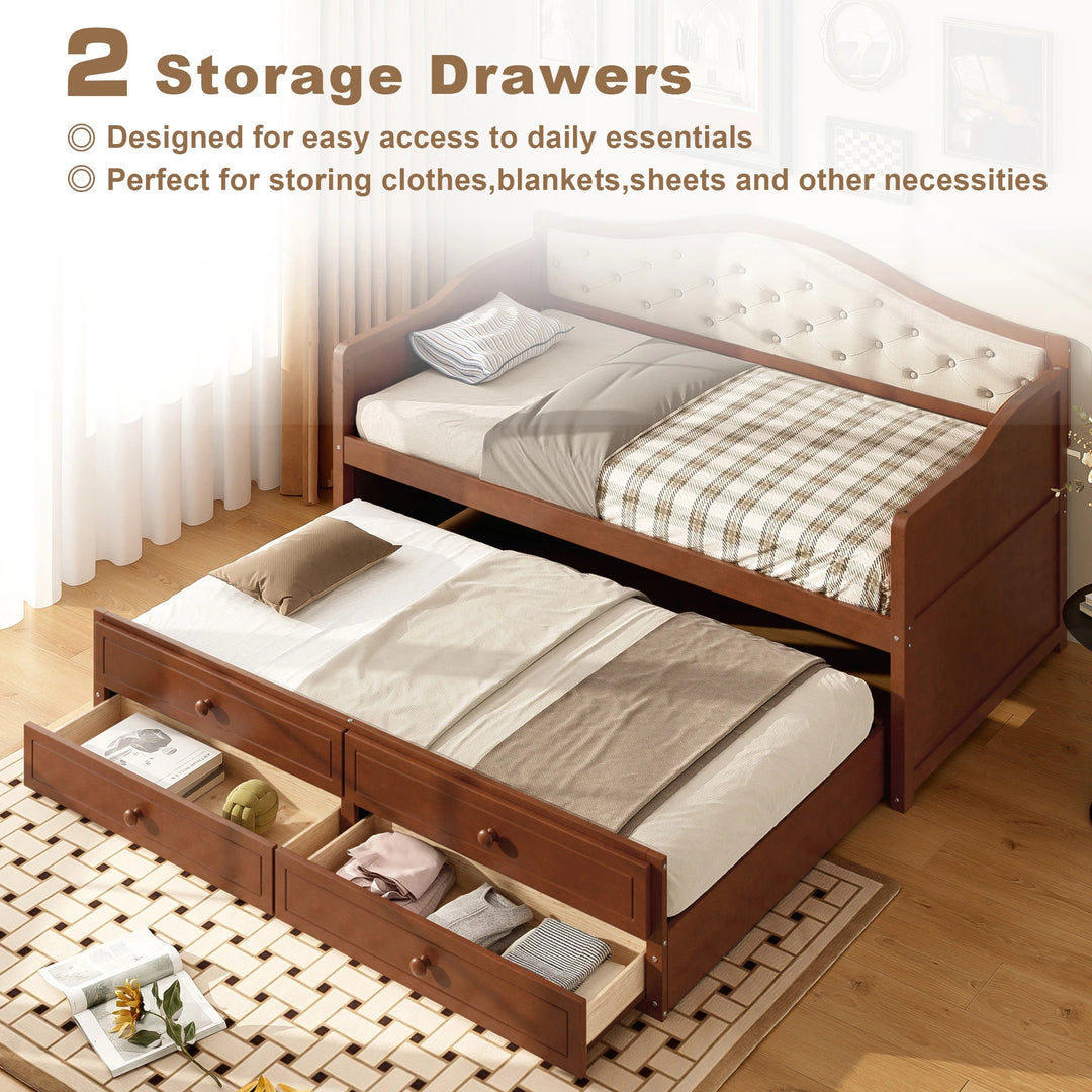Twin Daybed with Trundle, Twin Size Daybed with 2 Storage Drawers, Wooden Sofa Bed with Upholstered Button Tufted Backrest