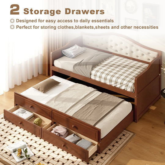 Twin Daybed with Trundle, Twin Size Daybed with 2 Storage Drawers, Wooden Sofa Bed with Upholstered Button Tufted Backrest