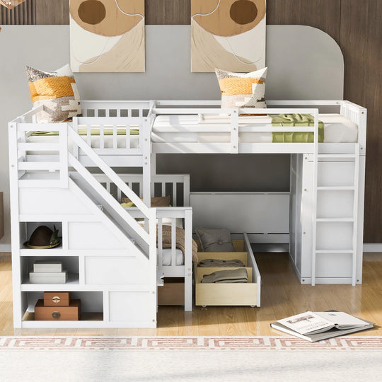 L-Shaped Bunk Bed with Three Drawers, Portable Desk and Wardrobe, Twin-Twin over Full Design