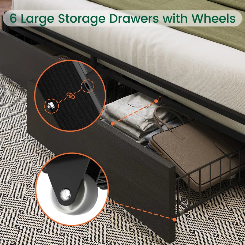 Bed Frame with 6 Storage Drawers, Linen Upholstered Headboard, Built in Charging Station and Led