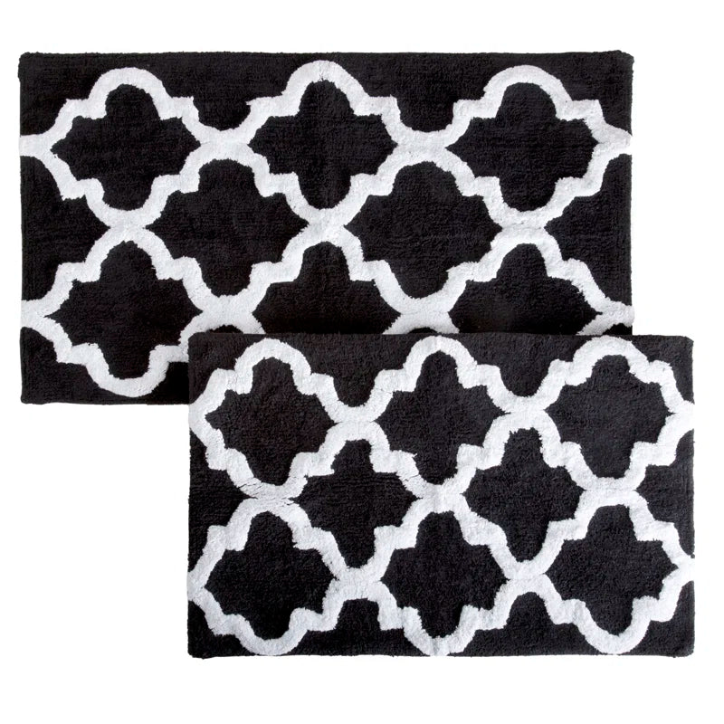 Bassam 2PC 100% Cotton Bathroom Rug Set - with Trellis Pattern and Non-Slip Base - Machine Washable Bathroom Mats
