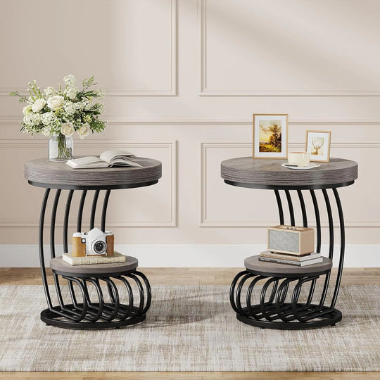 2 Tiers round End Table with Shelf Storage, Arc-Shaped Side Sofa Table