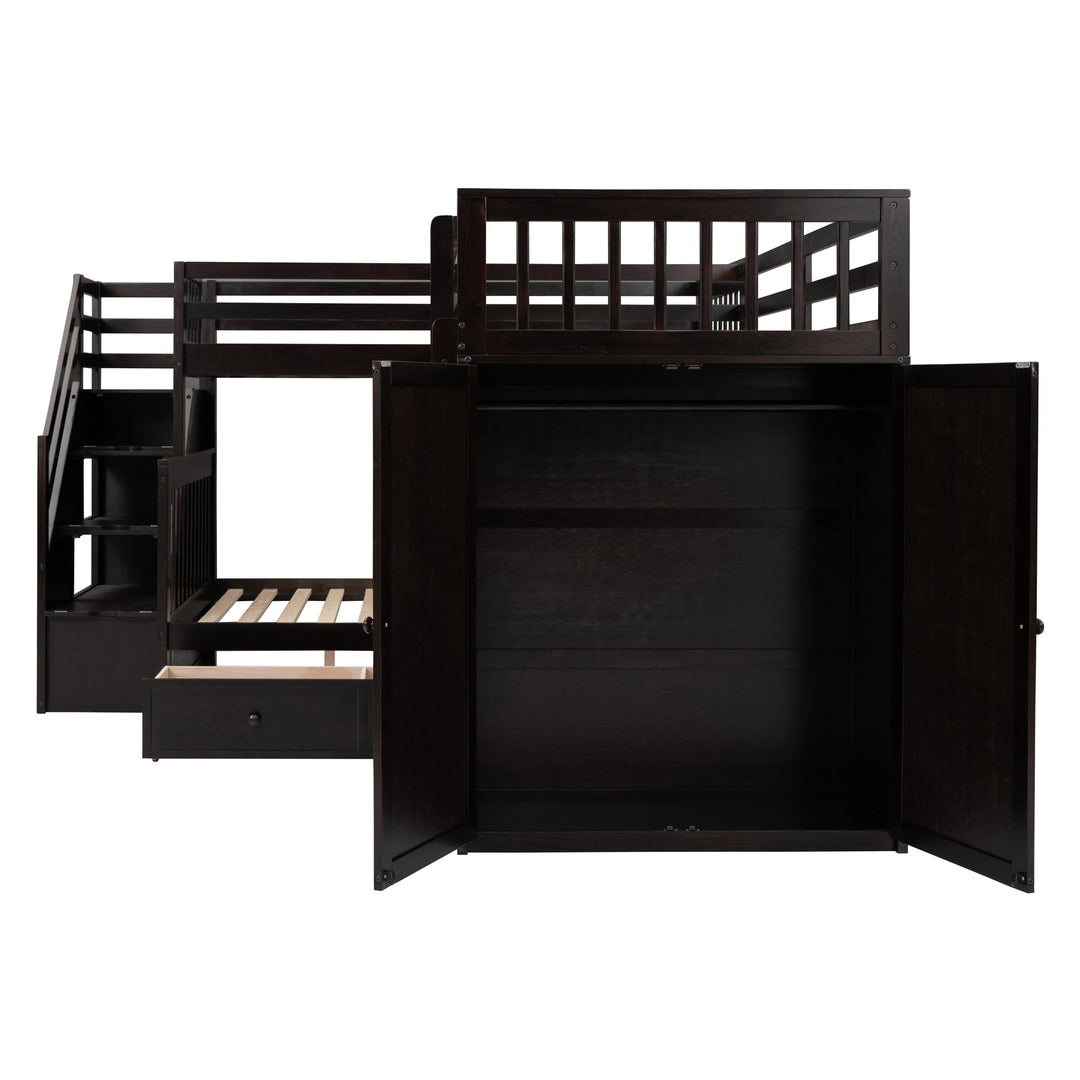 L-Shaped Bunk Bed with Three Drawers, Portable Desk and Wardrobe, Twin-Twin over Full Design