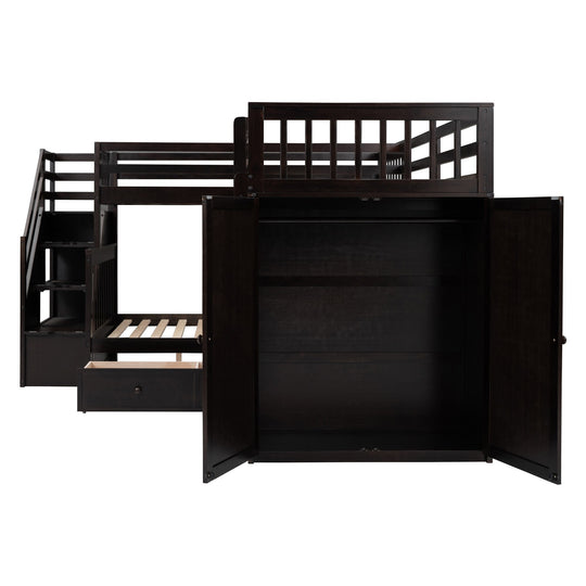 L-Shaped Bunk Bed with Three Drawers, Portable Desk and Wardrobe, Twin-Twin over Full Design