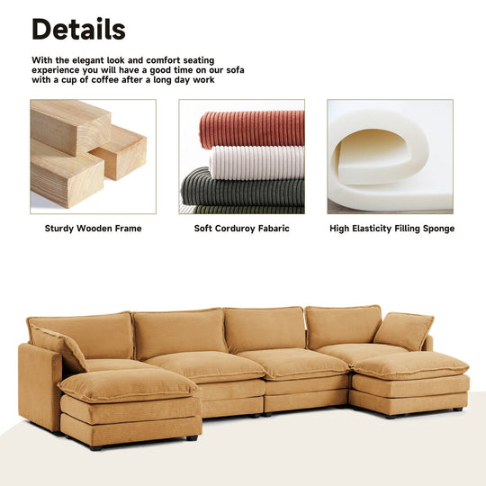 Corduroy Sectional Sofa with Removable Ottomans & Ultra-Soft Cushions for Living Room & Bedroom