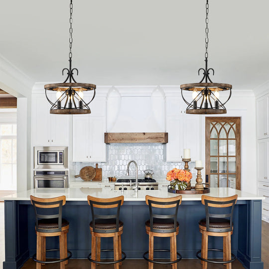 13"/15.7"/19.7" Rustic Cage Wood Chandelier Dimmable Lighting Farmhouse Adjustable Pendant Light for Kitchen Island