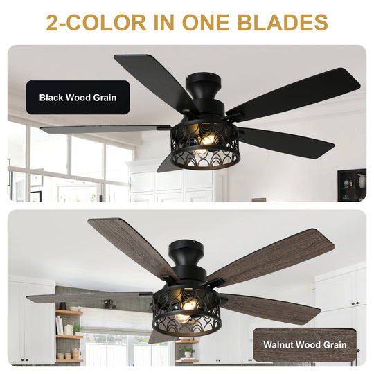 52-In Farmhouse Flush Mount Ceiling Fan with Lights and Remote Control, Black Caged Low Profile Chandelier Ceiling Fan