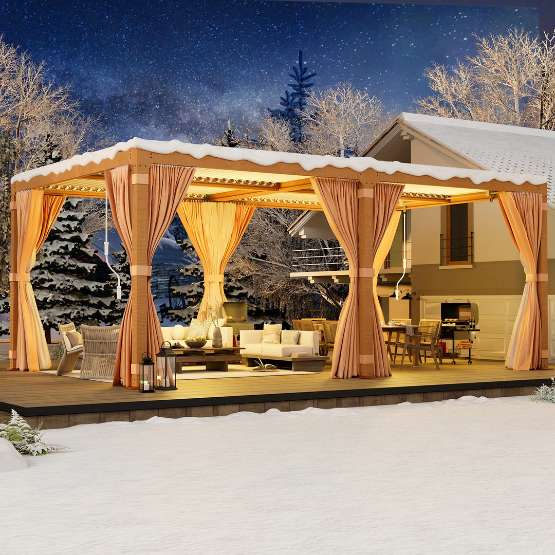 Outdoor Louvered Pergola Gazebo with Adjustable Aluminum Rainproof Roof and Pull-Down Screen