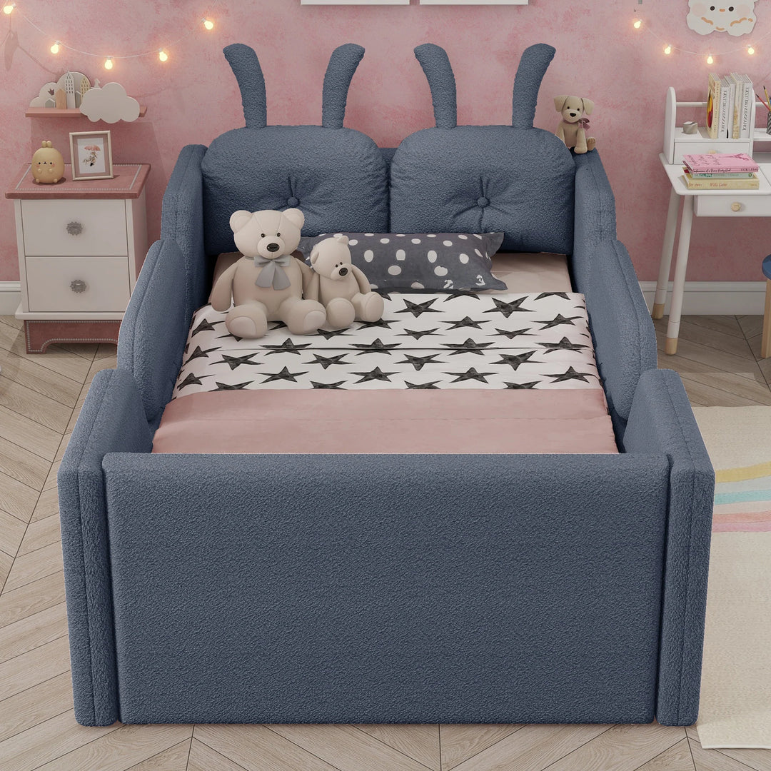 Twin Size Upholstered Platform Bed with Rabbit Cushion, Floor Upholstered Bed with Removable Side Rails