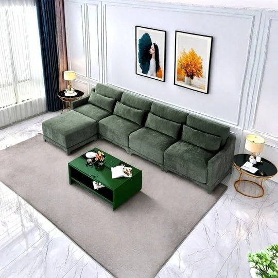 Modern Chenille 4-Seater Sofa with 2 Ottoman, Lumbar Cushions, Ergonomic Backrest, High-Resilience Spongeand Tufted Armrests