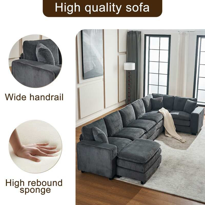Modern U-Shaped 6-Seater Sectional Sofa with One Footstool