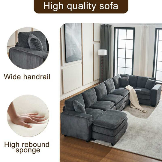 Modern U-Shaped 6-Seater Sectional Sofa with One Footstool