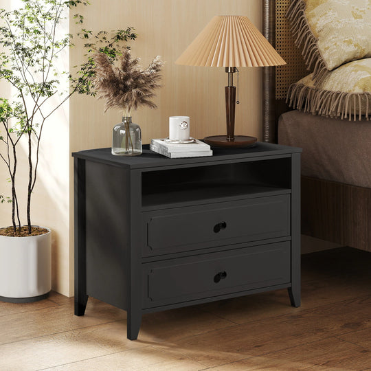 Wide Nightstand – 2‑Drawer Bedside Table with Open Shelf, MDF Wood End Table for Bedroom Living Room