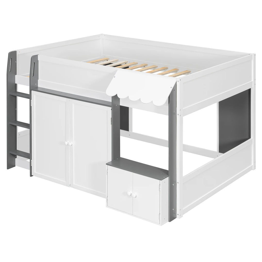 Full Loft House Bed with Playhouse Storage Modern Wood Cabin Bed for Kids