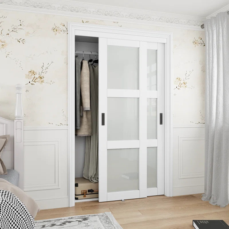 80"H 3-Lite Frosted Tempered Glass Sliding Closet Door with Hardware Kit & Handles