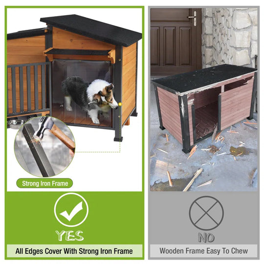 Dog House Outdoor Dog Kennel with Chew-Proof Metal Frame, Rotating Food Bowl, Pvc Door Curtain, Weatherproof for Small Medium Dogs, 39.7" L X 25.5" W X 32.2" H