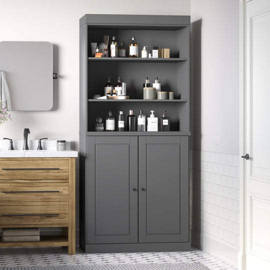100% Solid Wood Bathroom & Laundry Storage Cabinet, Raised Panel Doors, Adjustable Shelves, 32" Wide, 71.5" Tall