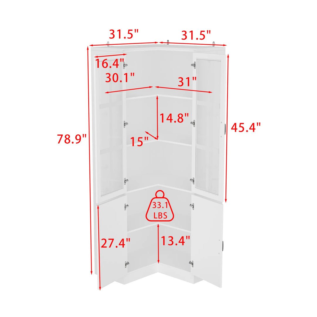 78.7"H Combo Buffet Sideboard White Curio Bookcase Cabinet Glass Door