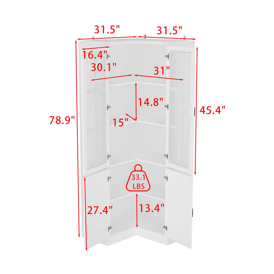 78.7"H Combo Buffet Sideboard White Curio Bookcase Cabinet Glass Door