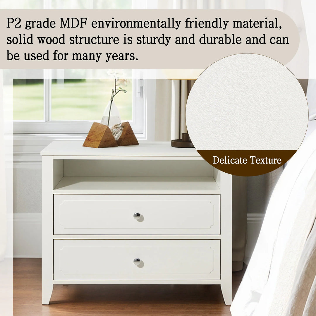 Wide Nightstand – 2‑Drawer Bedside Table with Open Shelf, MDF Wood End Table for Bedroom Living Room