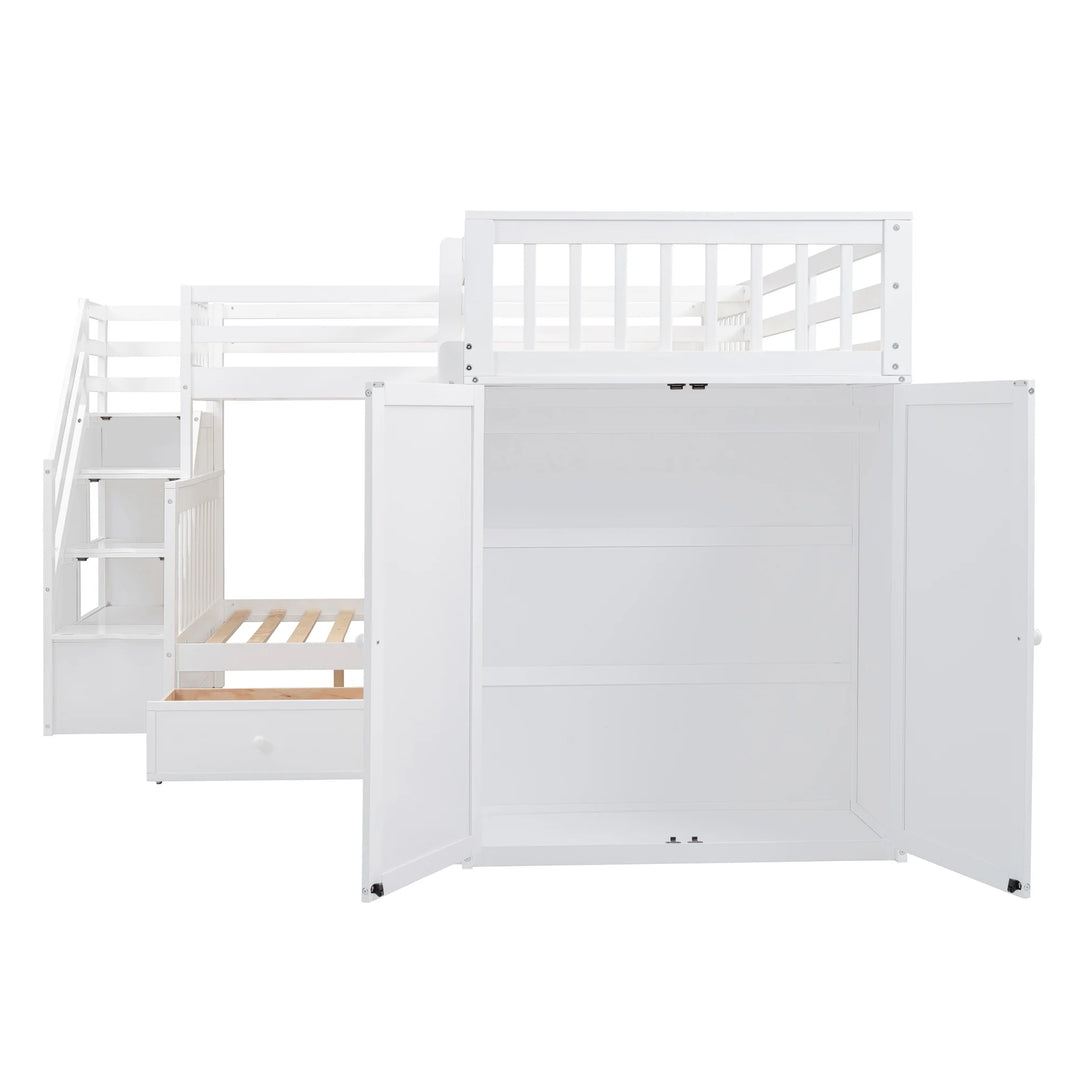 L-Shaped Bunk Bed with Three Drawers, Portable Desk and Wardrobe, Twin-Twin over Full Design