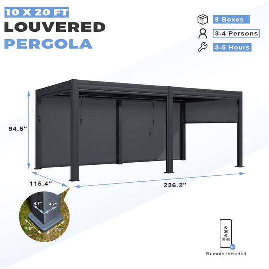 Outdoor Louvered Pergola Gazebo with Adjustable Aluminum Rainproof Roof and Pull-Down Screen