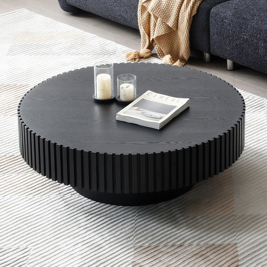 Modern Natural Black round Coffee Table with Sturdy Pedestal No Assembled