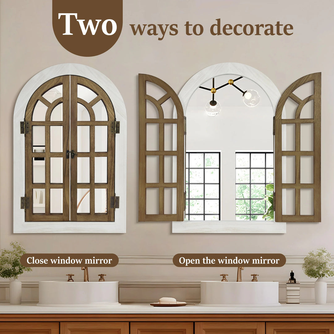 Vintage Wood Windowpane Arched Wall Mirror